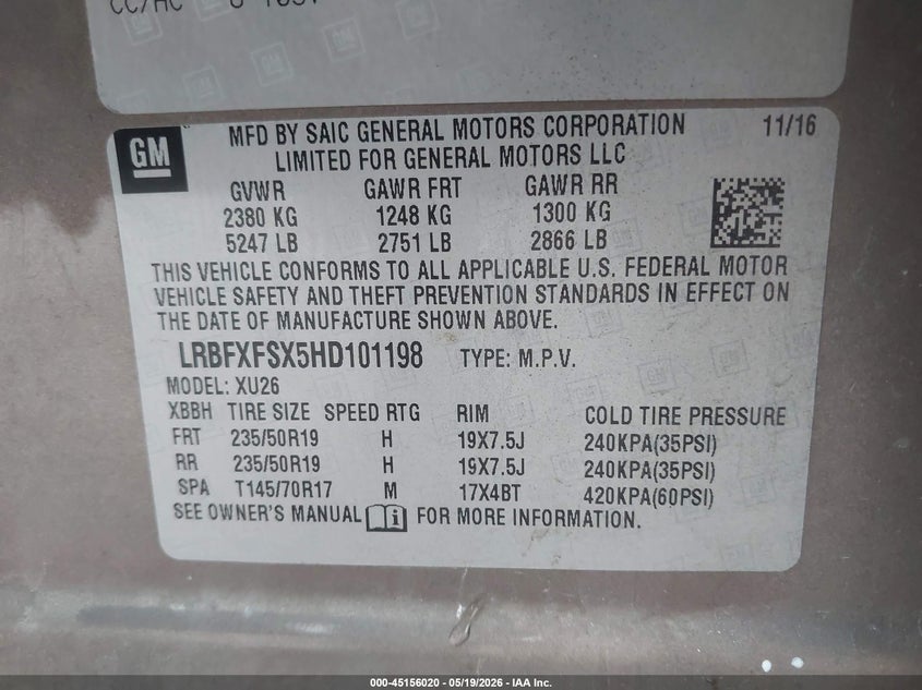 2017 Buick Envision VIN LRBFXFSX5HD101198 IAAI salvage auction — RIGHT FRONT, Junk Bill Of Sale Mv2459 (Wisconsin), sold $1,525 on 2026-07-23 (photo 9)