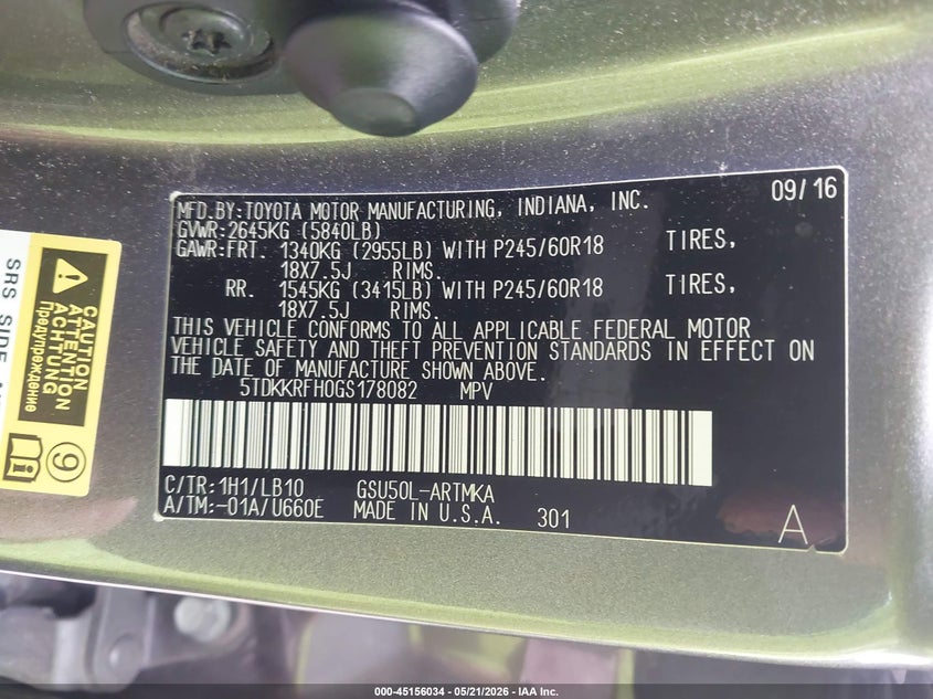 2016 Toyota Highlander VIN 5TDKKRFH0GS178082 IAAI salvage auction — HAIL, Clear (Missouri), sold $9,450 on 2026-07-13 (photo 9)