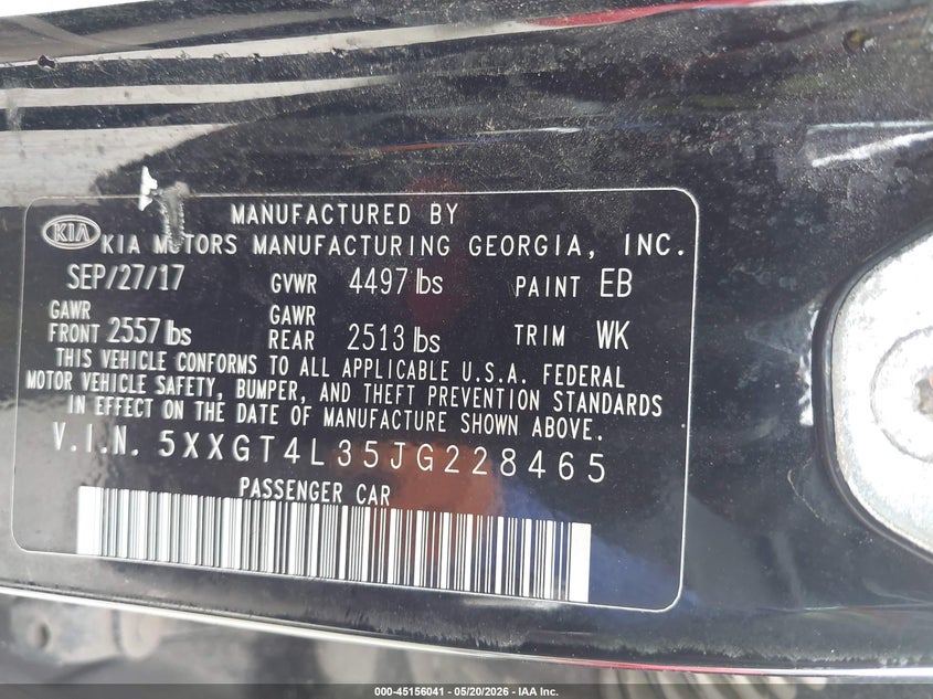 2018 Kia Optima VIN 5XXGT4L35JG228465 IAAI salvage auction — HAIL, Original (Texas), sold $2,650 on 2026-07-07 (photo 9)