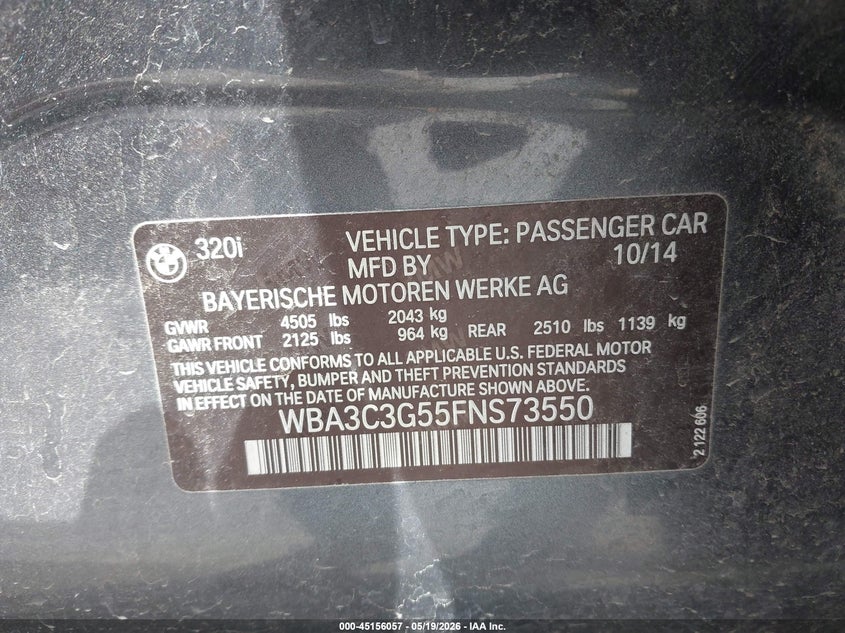 2015 BMW 3er VIN WBA3C3G55FNS73550 IAAI salvage auction — FRONT END, Certificate Of Title (Nebraska), sold $650 on 2026-07-09 (photo 9)