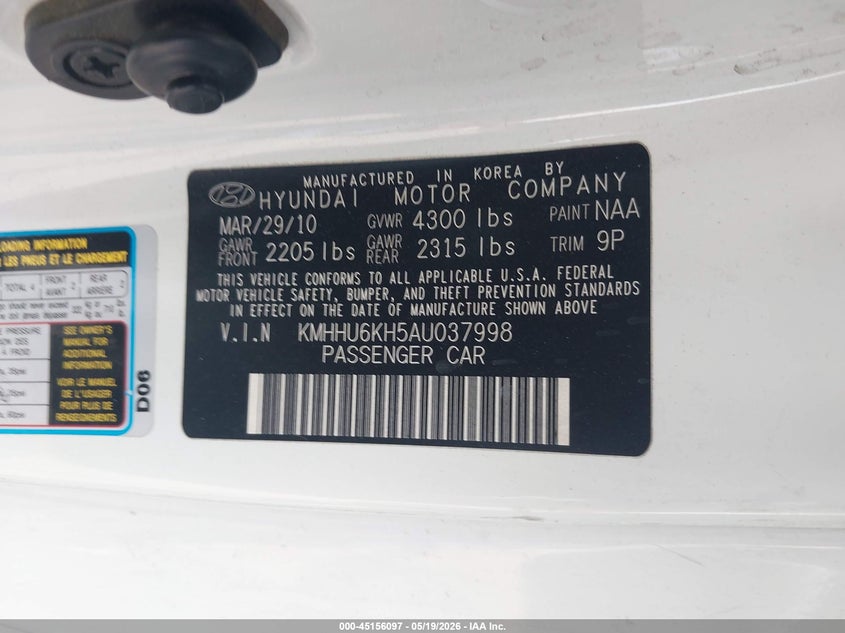 2010 Hyundai Genesis VIN KMHHU6KH5AU037998 IAAI salvage auction — FRONT END, Salvage (Arizona), sold $875 on 2026-07-28 (photo 9)