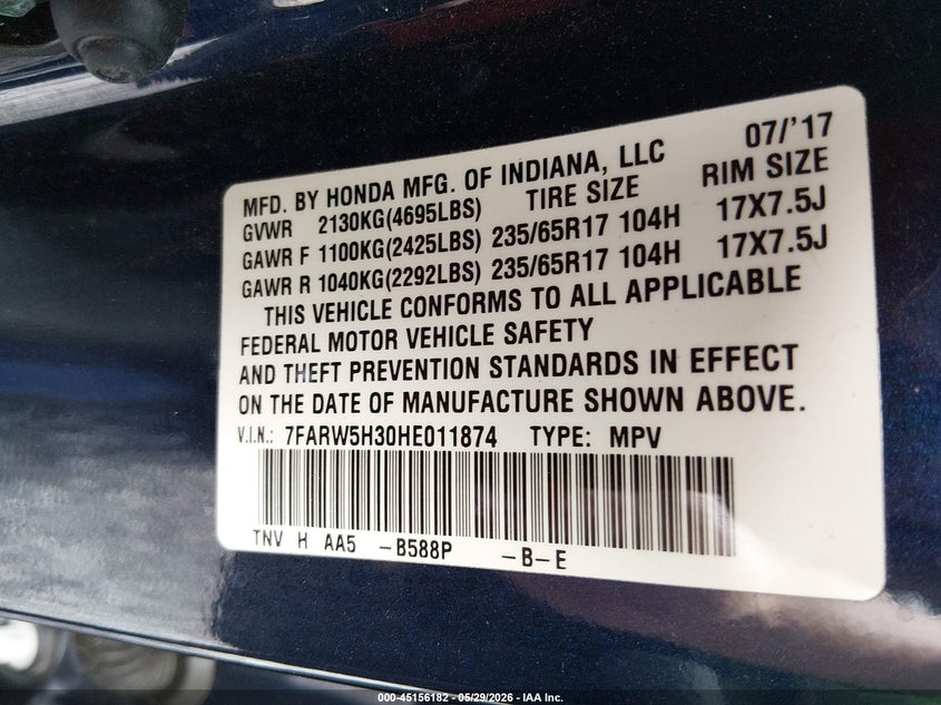 2017 Honda Cr-v VIN 7FARW5H30HE011874 IAAI salvage auction — ELECTRICAL, Salvage Title, sold $725 on 2026-07-09 (photo 9)