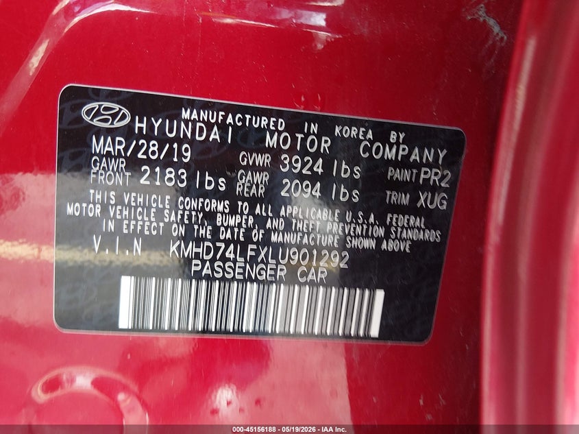 2020 Hyundai Elantra VIN KMHD74LFXLU901292 IAAI salvage auction — RIGHT FRONT, Certificate Of Destruction (Florida), sold $1,950 on 2026-07-30 (photo 9)