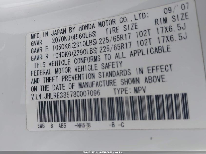 2008 Honda Cr-v VIN JHLRE38578C007096 IAAI salvage auction — FRONT END, Salvage (California), sold $500 on 2026-07-22 (photo 9)