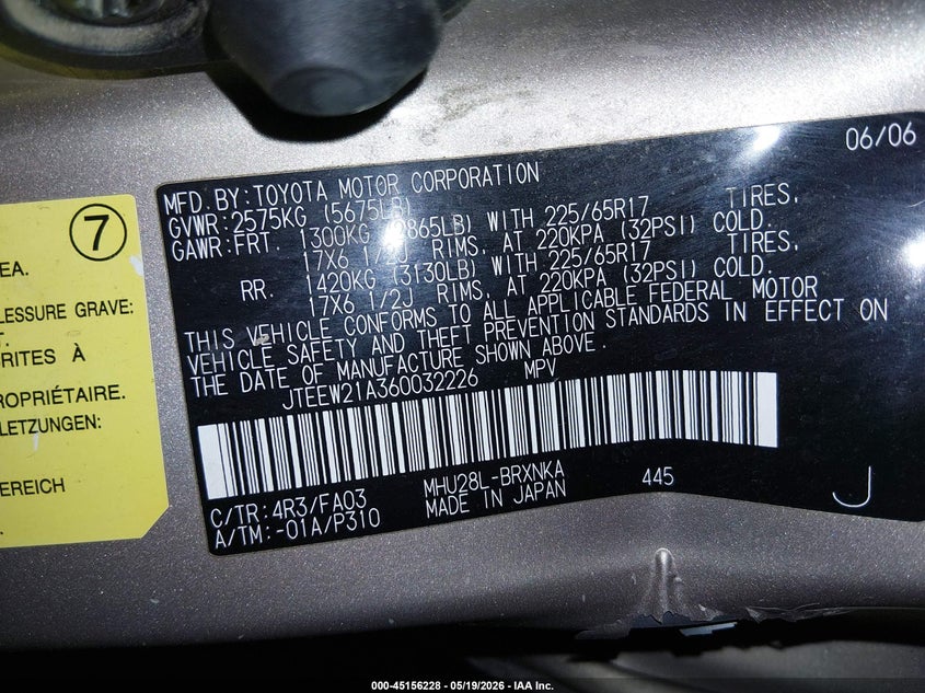 2006 Toyota Highlander VIN JTEEW21A360032226 IAAI salvage auction — SIDE, Salvage (Idaho), sold $500 on 2026-07-17 (photo 9)