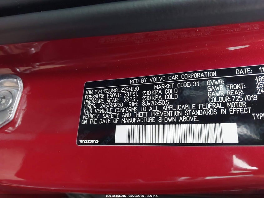 2020 Volvo Xc40 VIN YV4162UM8L2264830 IAAI salvage auction — WATER/FLOOD, Salvage (Texas), sold $525 on 2026-07-28 (photo 9)