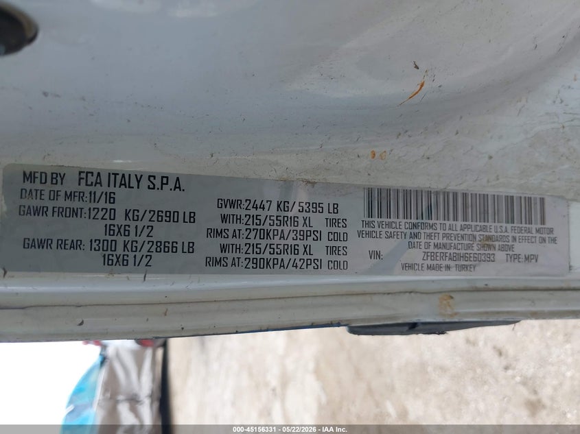 2017 Ram Promaster city VIN ZFBERFAB1H6E60393 IAAI salvage auction — FRONT & REAR, Salvage (Texas), sold $1,000 on 2026-07-29 (photo 9)