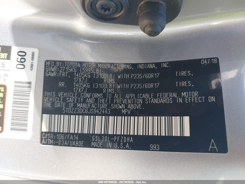 2018 Toyota Sienna VIN 5TDZZ3DC6JS942443 IAAI salvage auction — RIGHT REAR, Rebuildable (Florida), sold $4,150 on 2026-07-14 (photo 9)
