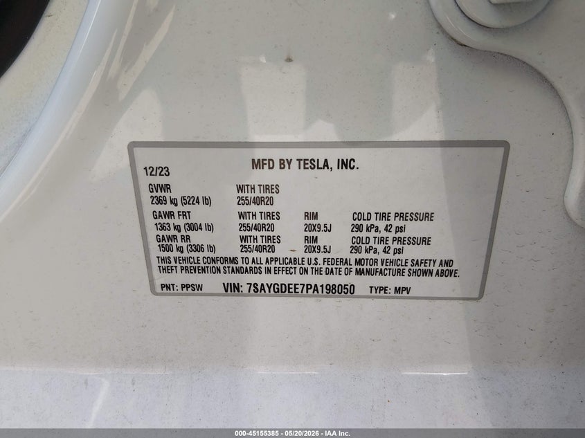 2023 Tesla Model y VIN 7SAYGDEE7PA198050 IAAI salvage auction — LEFT SIDE, Salvage (New Hampshire), sold $14,000 on 2026-07-30 (photo 9)
