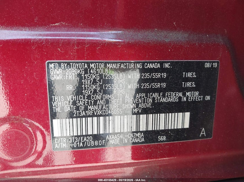 2019 Toyota Rav 4 VIN 2T3A1RFVXKC046055 IAAI salvage auction — FRONT END, Salvage (New Jersey), sold $7,100 on 2026-07-31 (photo 9)