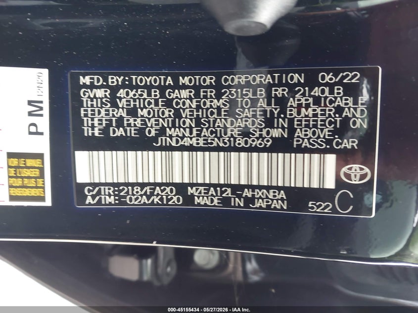 2022 Toyota Corolla VIN JTND4MBE5N3180969 IAAI salvage auction — FRONT END, Salvage Title, sold $3,500 on 2026-07-13 (photo 9)