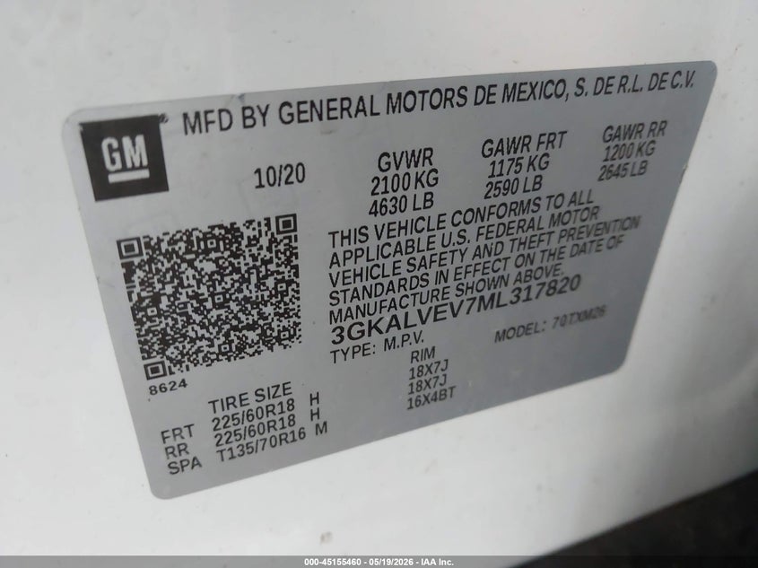 2021 Gmc Terrain VIN 3GKALVEV7ML317820 IAAI salvage auction — FRONT END, Salvage (Michigan), sold $3,500 on 2026-07-10 (photo 9)