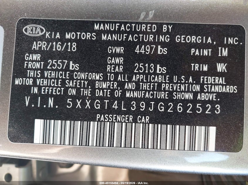 2018 Kia Optima VIN 5XXGT4L39JG262523 IAAI salvage auction — LEFT & RIGHT, Salvage (North Carolina), sold $975 on 2026-07-06 (photo 9)