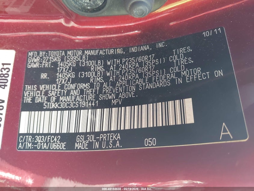 2012 Toyota Sienna VIN 5TDKK3DC3CS191441 IAAI salvage auction — LEFT FRONT, Salvage (North Carolina), sold $850 on 2026-07-09 (photo 9)