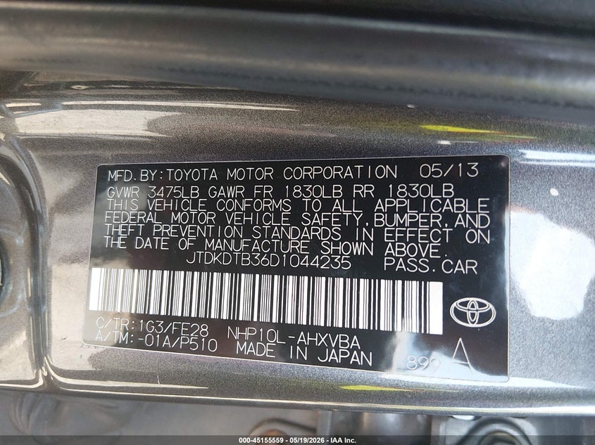 2013 Toyota Prius c VIN JTDKDTB36D1044235 IAAI salvage auction — FRONT END, Salvage (Idaho), sold $675 on 2026-07-07 (photo 9)