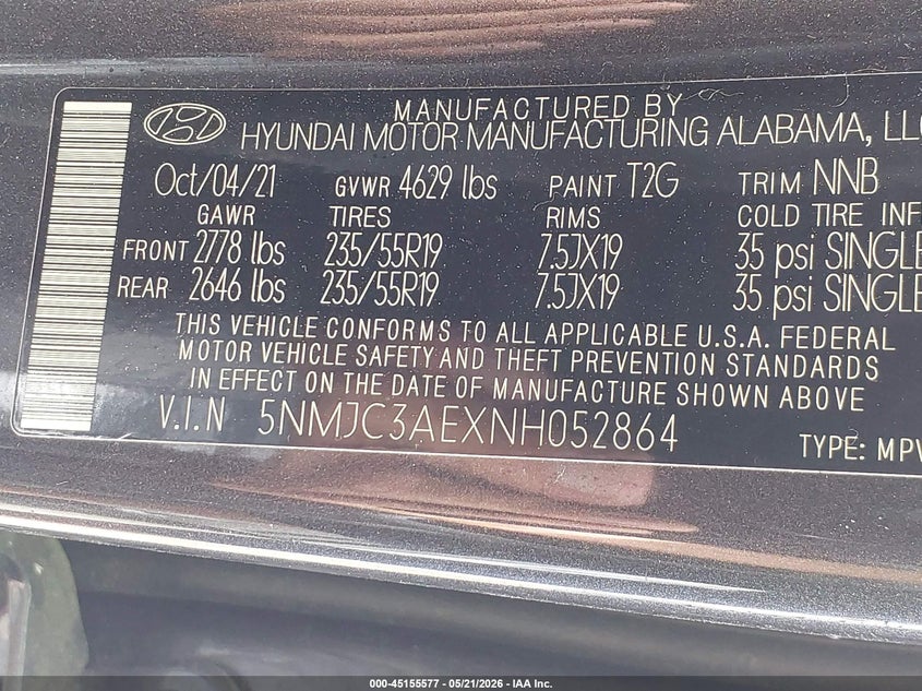 2022 Hyundai Tucson VIN 5NMJC3AEXNH052864 IAAI salvage auction — FRONT END, Salvage (Louisiana), sold $7,800 on 2026-08-25 (photo 9)