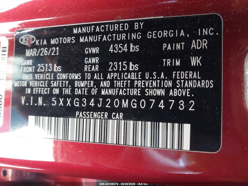 2021 Kia K5 VIN 5XXG34J20MG074732 IAAI salvage auction — FRONT END, Salvage (North Carolina), sold $3,175 on 2026-07-08 (photo 9)
