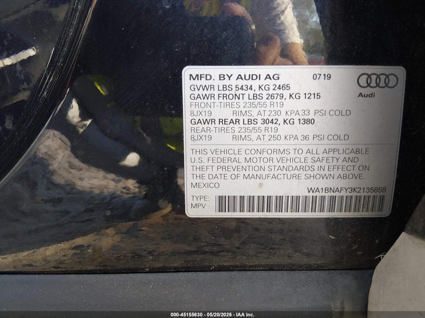 2019 Audi Q5 VIN WA1BNAFY3K2135858 IAAI salvage auction — FRONT END, Clear (South Carolina), sold $8,600 on 2026-07-21 (photo 9)