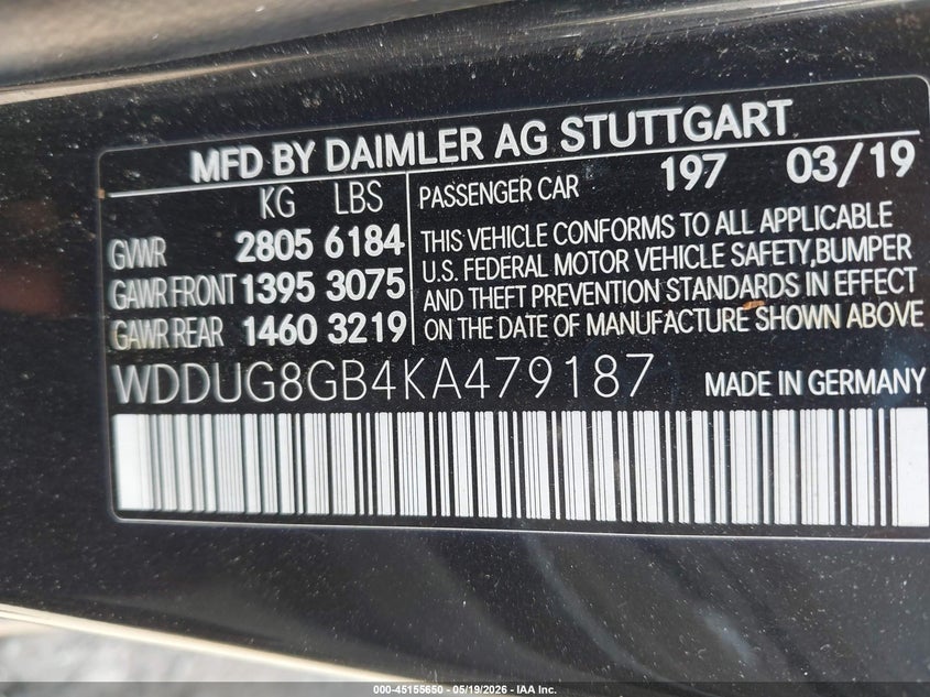 2019 Mercedes-benz S-klasse VIN WDDUG8GB4KA479187 IAAI salvage auction — FRONT END, Salvage (Virginia), sold $12,650 on 2026-07-27 (photo 9)