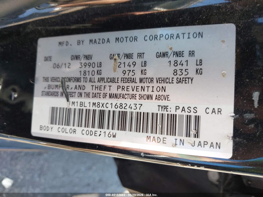 2012 Mazda 3 VIN JM1BL1M8XC1682437 IAAI salvage auction — SIDE, Salvage - Greater Than 75% (Maryland), sold $475 on 2026-07-18 (photo 9)