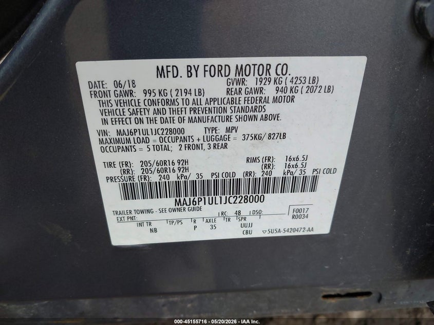 2018 Ford Ecosport VIN MAJ6P1UL1JC228000 IAAI salvage auction — FRONT END, Salvage (Pennsylvania), sold $1,150 on 2026-07-07 (photo 9)