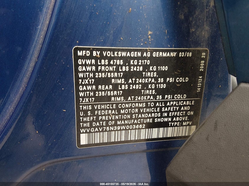 2009 Volkswagen Tiguan VIN WVGAV75N39W003662 IAAI salvage auction — HAIL, Salvage (Ohio), sold $675 on 2026-07-28 (photo 9)