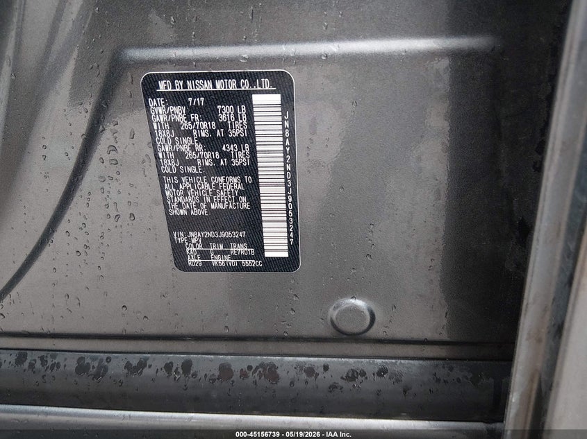 2018 Nissan Armada VIN JN8AY2ND3J9053247 IAAI salvage auction — FRONT END, Original (Texas), sold $1,050 on 2026-07-29 (photo 9)