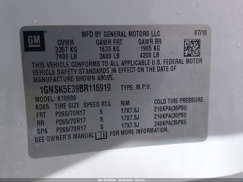 2011 Chevrolet Suburban 1500 VIN 1GNSK5E39BR116919 IAAI salvage auction — FRONT END, Sf97 (New Mexico), sold $1,900 on 2026-07-08 (photo 9)