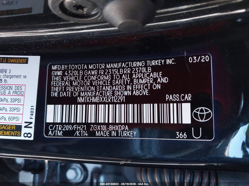 2020 Toyota C-hr VIN NMTKHMBXXLR112291 IAAI salvage auction — LEFT FRONT, Rebuildable (Florida), sold $4,650 on 2026-07-16 (photo 9)
