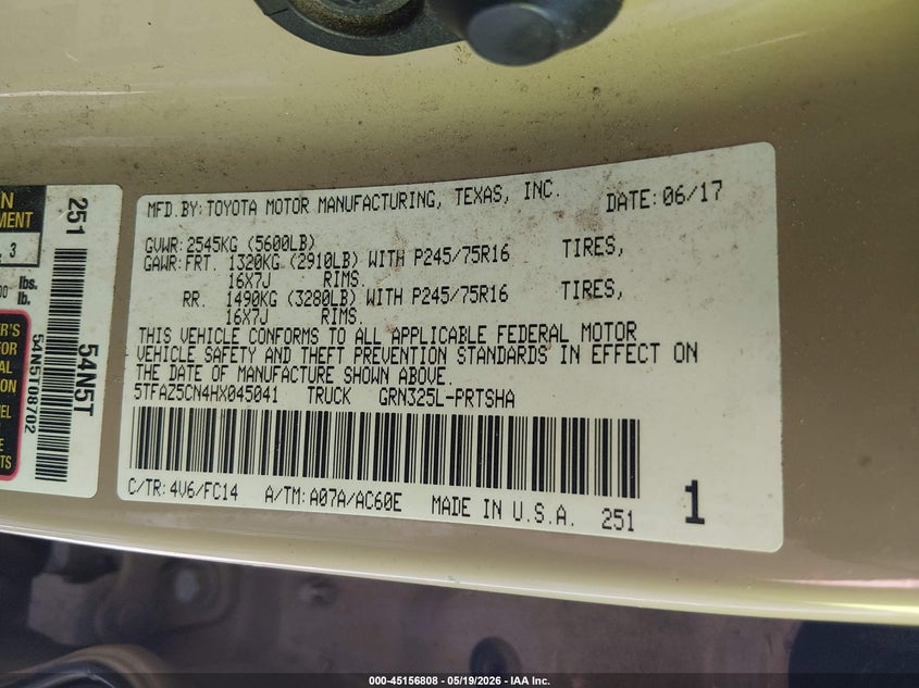 2017 Toyota Tacoma VIN 5TFAZ5CN4HX045041 IAAI salvage auction — FRONT END, Clear (South Carolina), sold $6,600 on 2026-07-28 (photo 9)