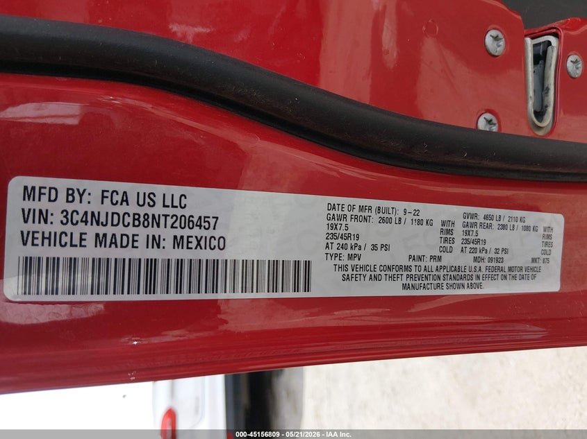 2022 Jeep Compass VIN 3C4NJDCB8NT206457 IAAI salvage auction — FRONT END, Salvage (Texas), sold $2,550 on 2026-07-22 (photo 9)