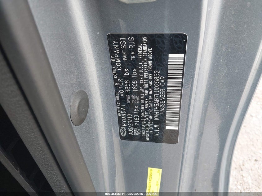 2020 Hyundai Veloster VIN KMHTH6AB7LU025852 IAAI salvage auction — REAR END, Salvage (Texas), sold $2,400 on 2026-07-15 (photo 9)