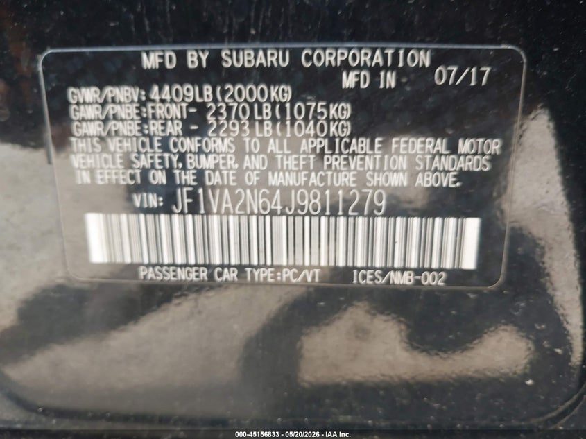 2018 Subaru Wrx sti VIN JF1VA2N64J9811279 IAAI salvage auction — ENGINE BURN, Salvage (Massachusetts), sold $1,050 on 2026-07-28 (photo 9)