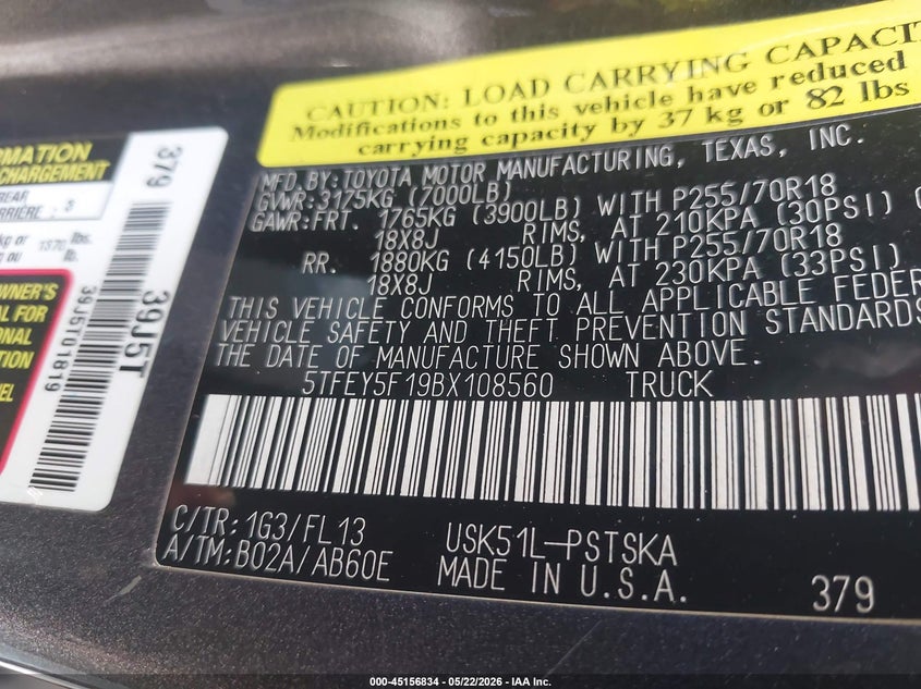 2011 Toyota Tundra VIN 5TFEY5F19BX108560 IAAI salvage auction — NORMAL WEAR, Original (Texas), sold $5,250 on 2026-07-13 (photo 9)