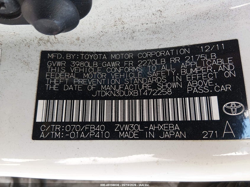 2011 Toyota Prius VIN JTDKN3DUXB1472258 IAAI salvage auction — REAR END, Junk Receipt (North Carolina), sold $425 on 2026-07-08 (photo 9)