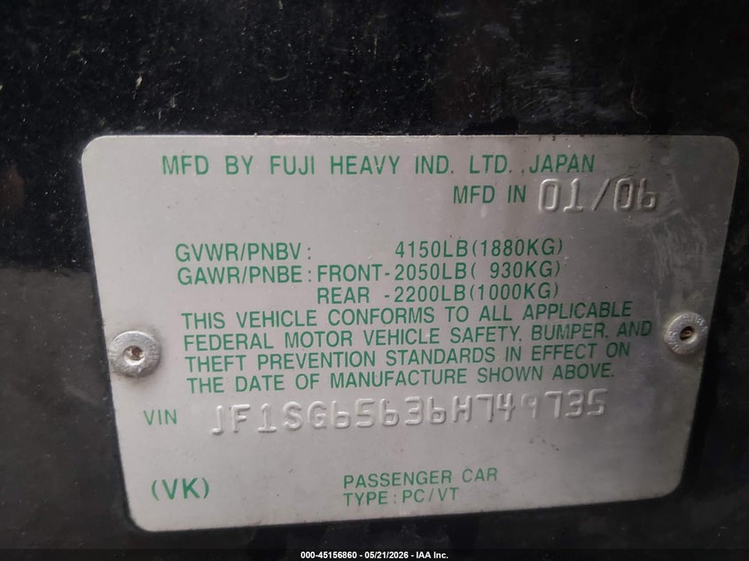 2006 Subaru Forester VIN JF1SG65636H749735 IAAI salvage auction — LEFT SIDE, Salvage (West Virginia), sold $125 on 2026-07-30 (photo 9)