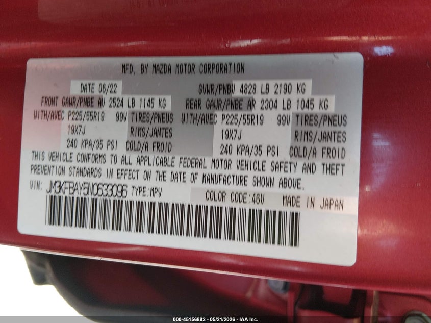 2022 Mazda Cx-5 VIN JM3KFBAY5N0633096 IAAI salvage auction — HAIL, Salvage (Ohio), sold $9,850 on 2026-07-28 (photo 9)
