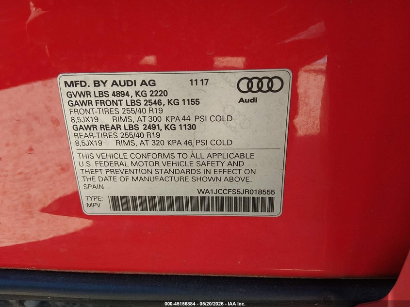 2018 Audi Q3 VIN WA1JCCFS5JR018555 IAAI salvage auction — LEFT FRONT, Salvage (North Carolina), sold $2,050 on 2026-07-27 (photo 9)