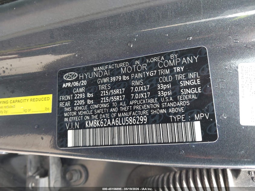 2020 Hyundai Kona VIN KM8K62AA6LU586299 IAAI salvage auction — RIGHT FRONT, Original (Texas), sold $3,800 on 2026-07-11 (photo 9)