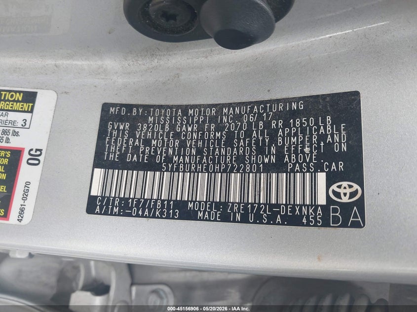 2017 Toyota Corolla VIN 5YFBURHE0HP722801 IAAI salvage auction — FRONT END, Salvage (Illinois), sold $1,050 on 2026-07-21 (photo 9)
