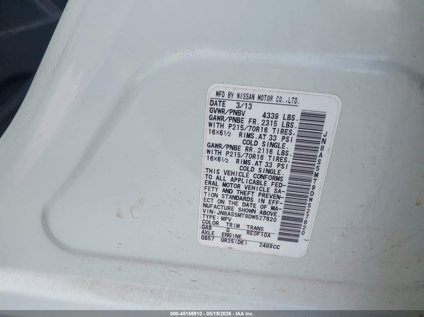 2013 Nissan Rogue VIN JN8AS5MT9DW527820 IAAI salvage auction — FRONT END, Salvage (Missouri), sold $375 on 2026-07-14 (photo 9)