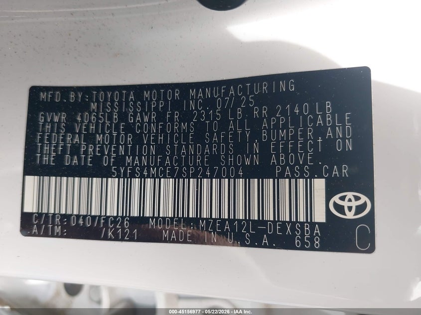2025 Toyota Corolla VIN 5YFS4MCE7SP247004 IAAI salvage auction — FRONT & REAR, Salvage (New Jersey), sold $8,500 on 2026-07-29 (photo 9)
