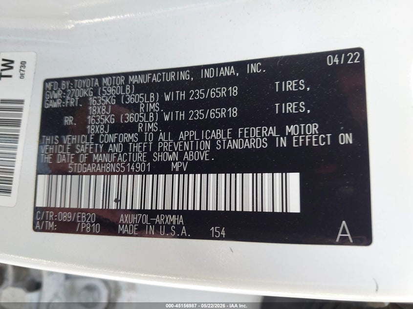 2022 Toyota Highlander VIN 5TDGARAH8NS514901 IAAI salvage auction — ALL OVER, Original (Texas), sold $5,400 on 2026-07-28 (photo 9)