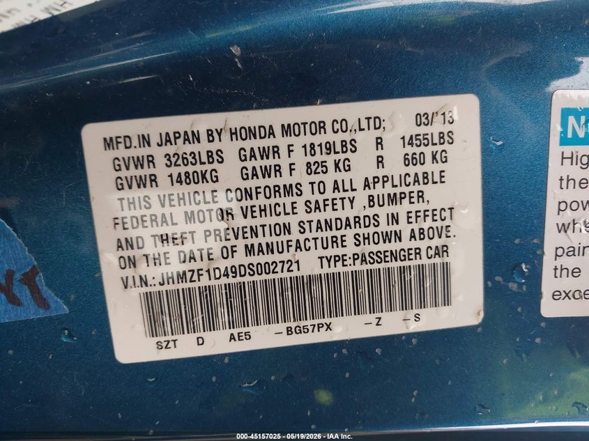 2013 Honda Cr-z VIN JHMZF1D49DS002721 IAAI salvage auction — FRONT & REAR, Prior Salvage (Minnesota), sold $775 on 2026-07-15 (photo 9)