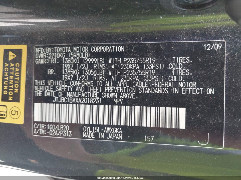 2010 Lexus Rx 450h VIN JTJBC1BAXA2018231 IAAI salvage auction — REAR END, Salvage (Pennsylvania), sold $1,500 on 2026-07-22 (photo 9)