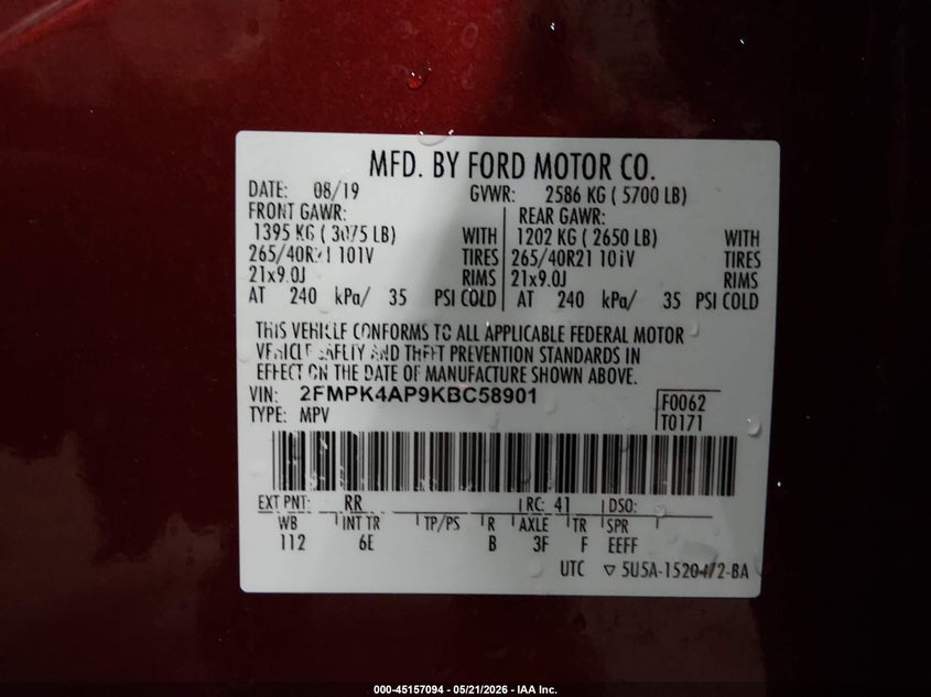2019 Ford Edge VIN 2FMPK4AP9KBC58901 IAAI salvage auction — HAIL, Salvage (Iowa), sold $8,500 on 2026-07-28 (photo 9)
