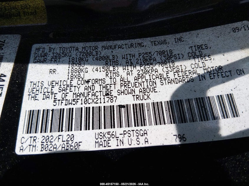2012 Toyota Tundra VIN 5TFDW5F10CX211787 IAAI salvage auction — ROLLOVER, Salvage (Tennessee), sold $3,200 on 2026-07-08 (photo 9)
