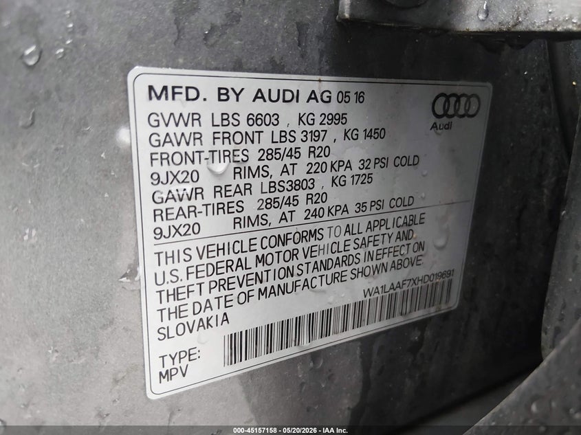 2017 Audi Q7 VIN WA1LAAF7XHD019691 IAAI salvage auction — HAIL, Salvage (Ohio), sold $6,375 on 2026-07-21 (photo 9)