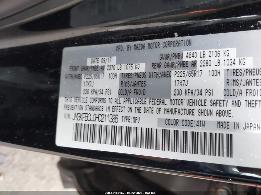 2017 Mazda Cx-5 VIN JM3KFBCL0H0211386 IAAI salvage auction — FRONT END, Salvage Title, sold $2,550 on 2026-07-17 (photo 9)