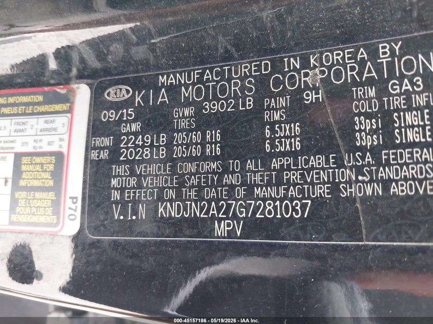 2016 Kia Soul VIN KNDJN2A27G7281037 IAAI salvage auction — REAR END, Salvage (Louisiana), sold $700 on 2026-07-07 (photo 9)
